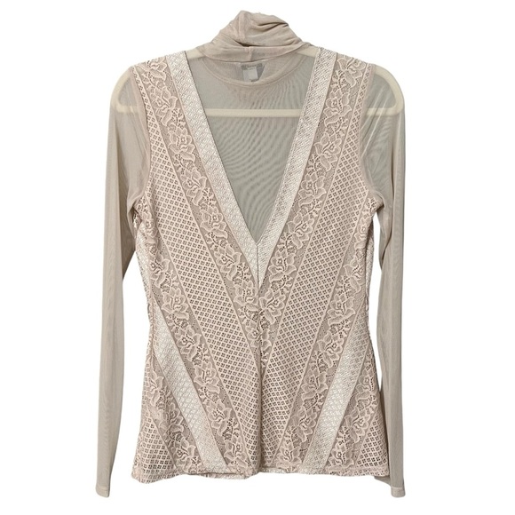 Guess Lace Turtleneck Sheer Long Sleeve Top Blush Pink Medium Feminine Chic - Picture 4 of 6